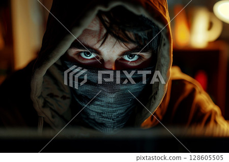 Scammer behind a laptop, notebook. AI generated Scammer behind a laptop, notebook. AI generated 128605505