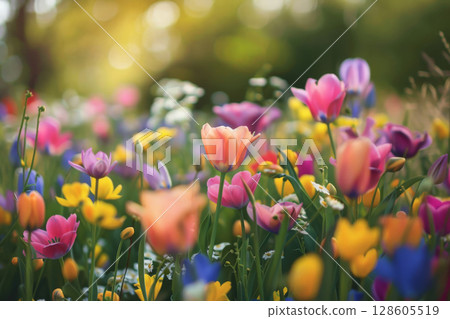 Spring flowers on sunlight flare on the background . generative ai 128605519
