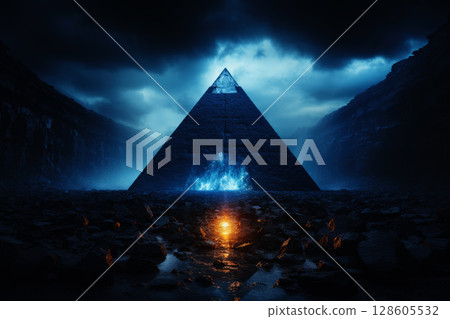 Futuristic Cyber pyramid neon. Mesh element. Generate Ai Futuristic Cyber pyramid neon. Mesh element. Generate Ai 128605532