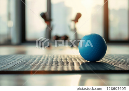 a fitness balls and yoga mat on floor in gym. 128605605