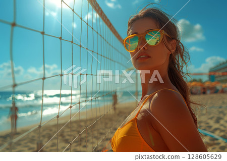 young woman stands at the volleyball net on beach. Generative AI 128605629