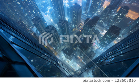 俯瞰摩天大樓的夜景 | 鳥瞰視角，充滿未來感與規模感 128605810
