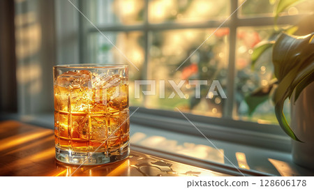 A warm afternoon by the window with a drink filled with ice sparkling in the sunlight 128606178