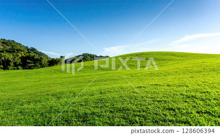AI 圖片：湛藍的天空和美麗的綠色山丘 128606394