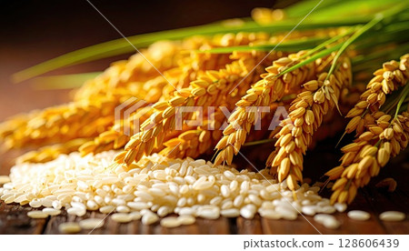 AI image: Harvested rice ears 128606439