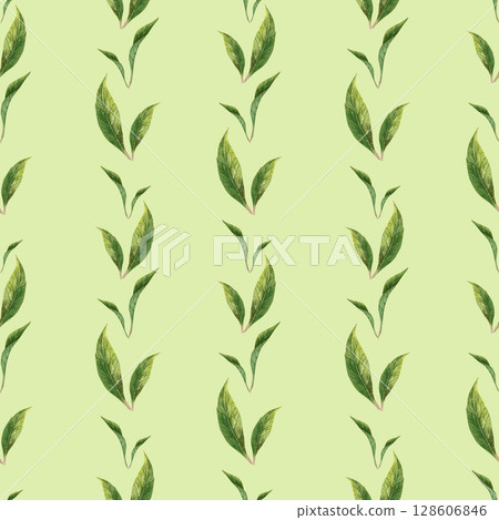 Watercolor seamless pattern with green branches. Delicate leaves for background Watercolor seamless pattern with green branches. Delicate leaves for background 128606846