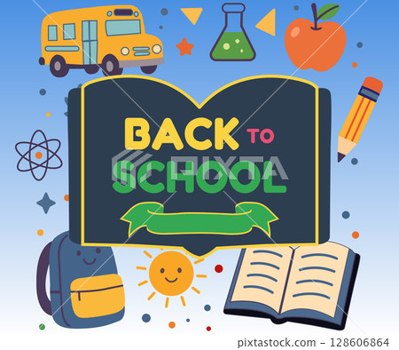 back to school design with science icons chalkboard and school supplies 128606864