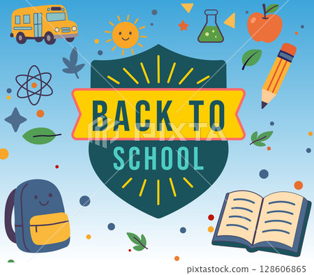 back to school with green badge backpack and school icons 128606865
