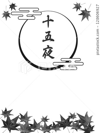 十五夜的毛筆傳單背景插圖素材單色灰色框架黑色和白色 128606927