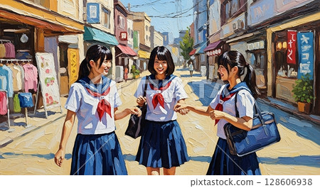 三個高中女生放學後在城裡玩耍。油畫風格插圖 128606938
