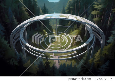 Game Background: A futuristic jungle with a dome landing base 128607006