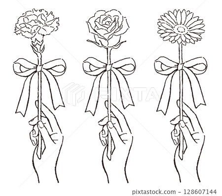一隻手拿著一朵帶有絲帶的花的線條畫插圖 128607144