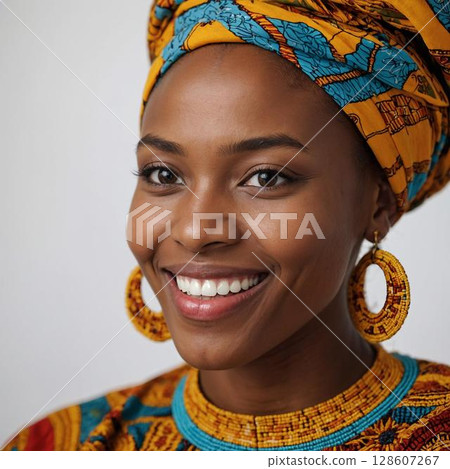微笑的女人，穿著色彩鮮豔的民族服裝的肖像 128607267