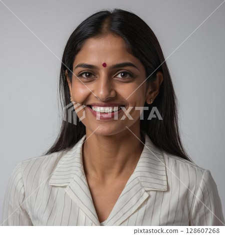 一位戴著令人印象深刻的串珠配件的微笑女子的肖像 128607268