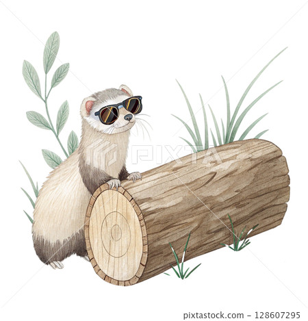 A cut down log  the cutest animal in the world wearing sunglasses Clipart Watercolor  128607295