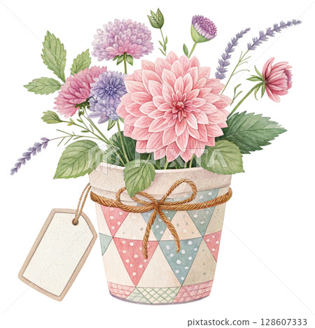 Flower pots and tags Clipart Watercolor Clipart Watercolor  128607333