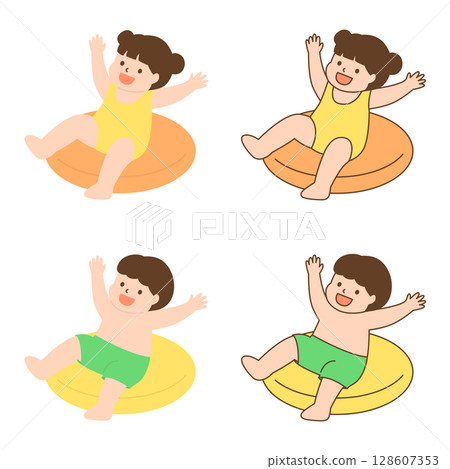 Vector illustration of cute children on swim ring. 128607353