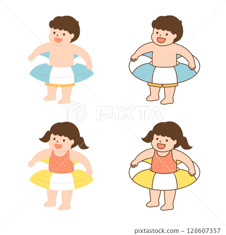 Vector illustration of cute children with swim ring. Vector illustration of cute children with swim ring. 128607357