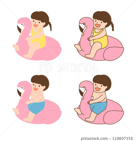 Vector illustration of cute children on flamingo pool float Vector illustration of cute children on flamingo pool float 128607358