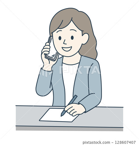 打電話的年輕女子（藍色西裝，彩色） 128607407