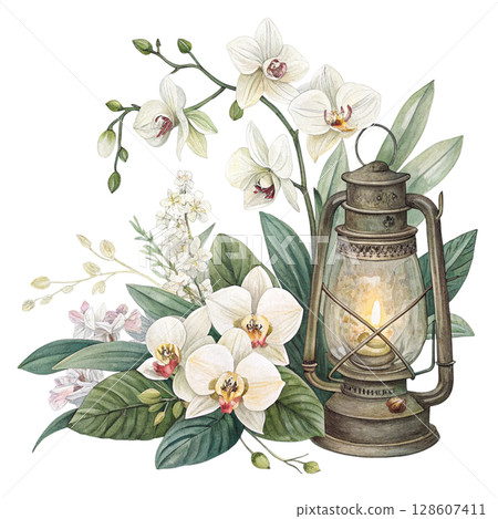 Flowers and lanterns Clipart Watercolor  128607411