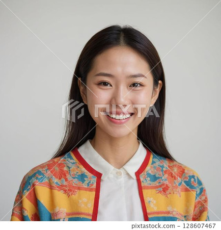 一位身穿色彩鮮豔的日式夾克的微笑女子的肖像 一位身穿色彩鮮豔的日式夾克的微笑女子的肖像 128607467