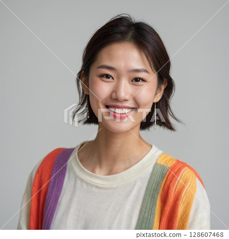 微笑的女人,穿著彩色羽織的開朗肖像 微笑的女人,穿著彩色羽織的開朗肖像 128607468