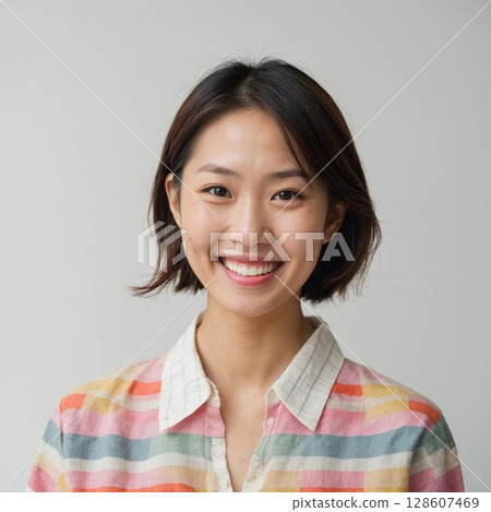 身穿條紋襯衫的微笑女人肖像 身穿條紋襯衫的微笑女人肖像 128607469