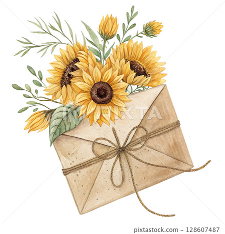 Flowers emerge from an envelope Clipart Watercolor  128607487