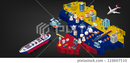 Venezuela oil and gas industry concept with Offshore crude extraction, transportation, refinery plant, fuel tanker ship rail tanks. Venezuela oil and gas industry concept with Offshore crude extraction, transportation, refinery plant, fuel tanker ship rail tanks. 128607510