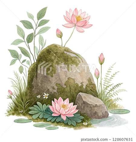Rocks flowers minimalist Clipart watercolor  128607631