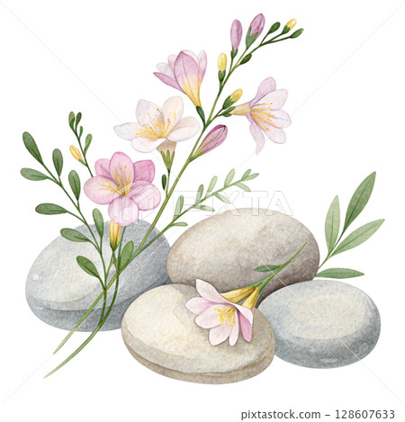 Rocks flowers minimalist Clipart watercolor  128607633