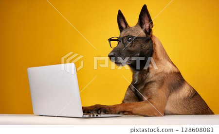 比利時牧羊犬戴著眼鏡並使用筆記型電腦 128608081