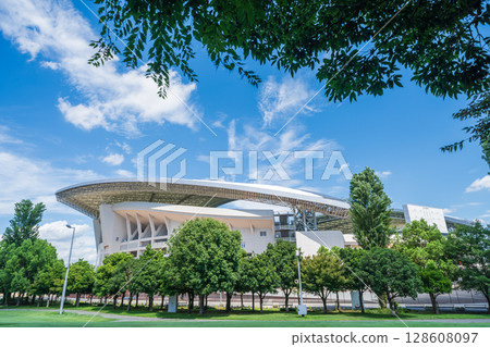 『埼玉縣』埼玉體育場2002年和公園的夏季風景 128608097