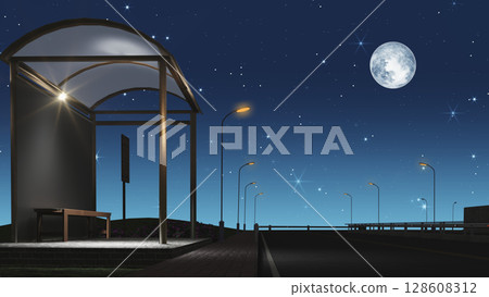 A full moon floating above the bus stop 128608312