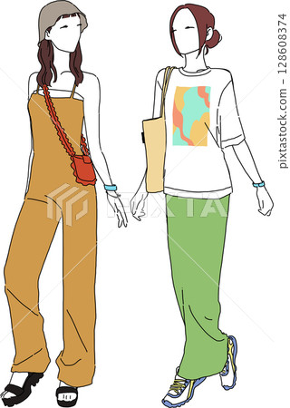 休閒女性享受夏日節慶的時尚插畫 休閒女性享受夏日節慶的時尚插畫 128608374