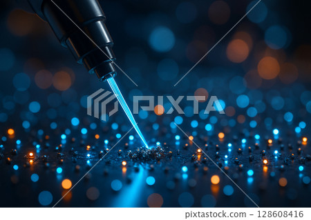 AI generated digital artwork showing advanced nanotechnology with robotic arms emitting blue laser beams onto glowing nanostructures symbolizing futuristic bioengineering AI generated digital artwork showing advanced nanotechnology with robotic arms emitting blue laser beams onto glowing nanostructures symbolizing futuristic bioengineering 128608416