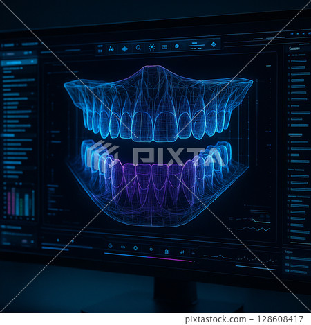 AI generated 3D wireframe jaw structure with digital HUD interface representing advanced dental technology diagnosis and virtual treatment planning in futuristic sci fi medical context AI generated 3D wireframe jaw structure with digital HUD interface representing advanced dental technology diagnosis and virtual treatment planning in futuristic sci fi medical context 128608417