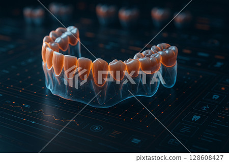 AI generated futuristic dental visualization showing a glowing 3D upper jaw on a digital interface with HUD elements representing precision and advanced medical technology AI generated futuristic dental visualization showing a glowing 3D upper jaw on a digital interface with HUD elements representing precision and advanced medical technology 128608427