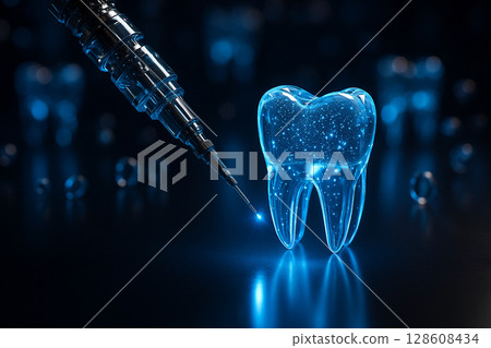 AI generated futuristic scene of a translucent smart tooth being scanned by a robotic laser arm in a biotechnological dental lab with glowing blue light and precision atmosphere 128608434