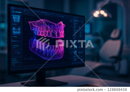 AI generated high tech dental interface showing a glowing 3D wireframe of upper and lower jaws on a large screen in a futuristic dental clinic environment 128608438