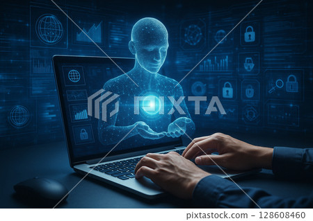 AI generated digital avatar emerges from laptop screen offering a glowing data sphere in futuristic interface representing human AI communication and data exchange in a virtual secure environment 128608460