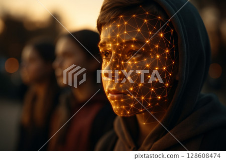 AI generated a photorealistic portrait showing a young human face blended with glowing neural mesh lines in a futuristic setting symbolizing AI learning from human diversity 128608474