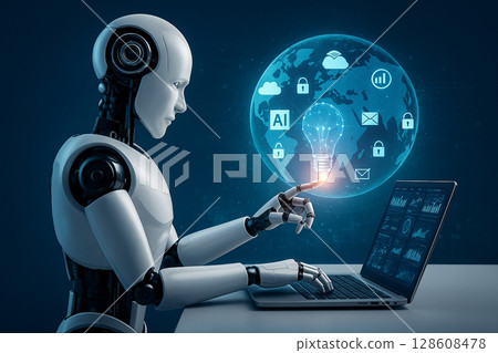 AI generated digital artwork shows a humanoid robot using a laptop surrounded by a glowing interface and virtual data symbols reflecting global AI connectivity 128608478