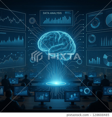 AI generated high tech command center showing human operators and glowing digital brain surrounded by dashboards symbolizing real time data analysis intelligent decision making in futuristic business AI generated high tech command center showing human operators and glowing digital brain surrounded by dashboards symbolizing real time data analysis intelligent decision making in futuristic business 128608485