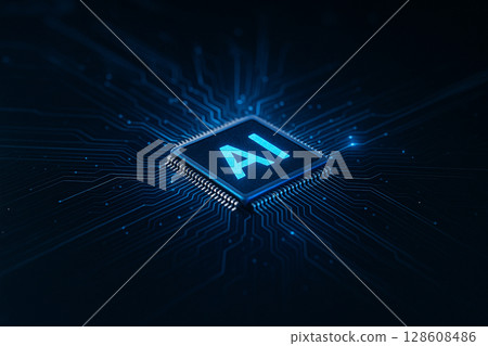 AI generated closeup rendering of a glowing microchip labeled AI placed at the center of a high tech motherboard with radiant blue and purple circuit pathways representing fast data flow 128608486