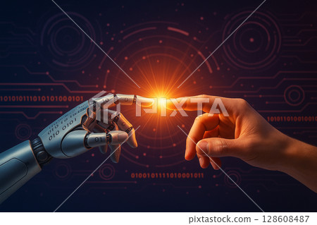 AI generated image of a human finger and a robotic finger touching in a glowing digital interface symbolizing intelligent connection trust innovation and future technology AI generated image of a human finger and a robotic finger touching in a glowing digital interface symbolizing intelligent connection trust innovation and future technology 128608487