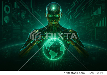 AI generated digital artwork of a humanoid robot analyzing and controlling global data with a glowing Earth interface in a sci-fi environment using vivid modern colors AI generated digital artwork of a humanoid robot analyzing and controlling global data with a glowing Earth interface in a sci-fi environment using vivid modern colors 128608496