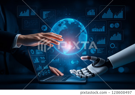 AI generated futuristic image showing a symbolic interaction between a human hand and a robotic hand reaching toward each other over glowing digital globe surrounded by data charts interface overlays AI generated futuristic image showing a symbolic interaction between a human hand and a robotic hand reaching toward each other over glowing digital globe surrounded by data charts interface overlays 128608497