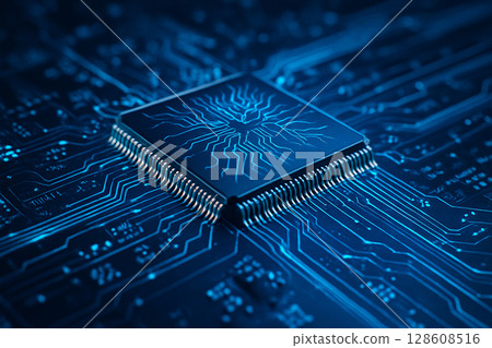 AI generated close up of a futuristic computer processor on a glowing motherboard representing data flow speed and digital power in a high tech environment 128608516